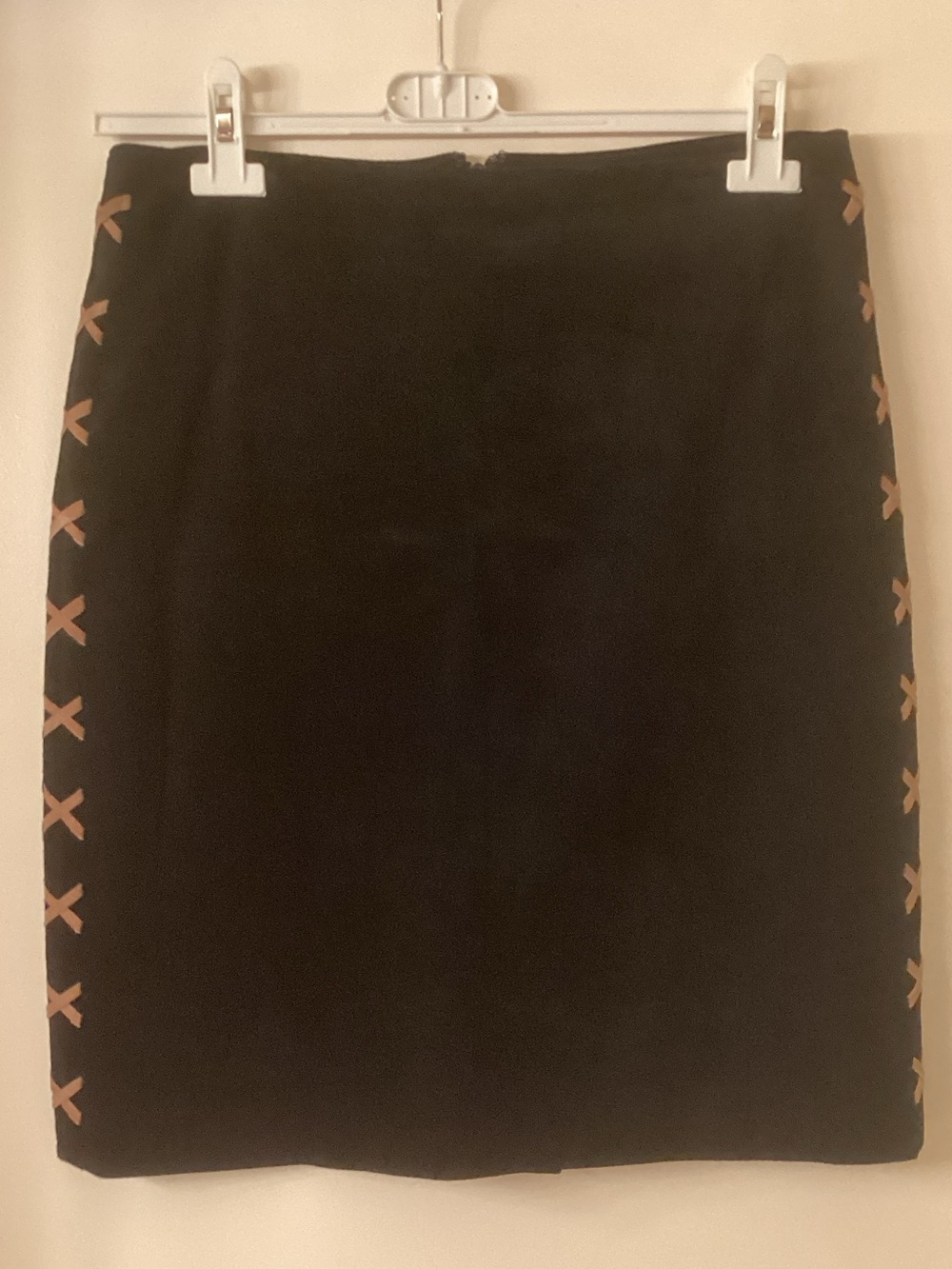 Karen Kane Black Pencil Skirt with Tan Cross-Stitch Side Detail